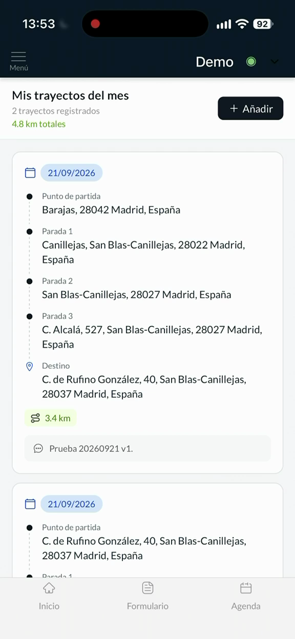 Listado mensual y botón Añadir