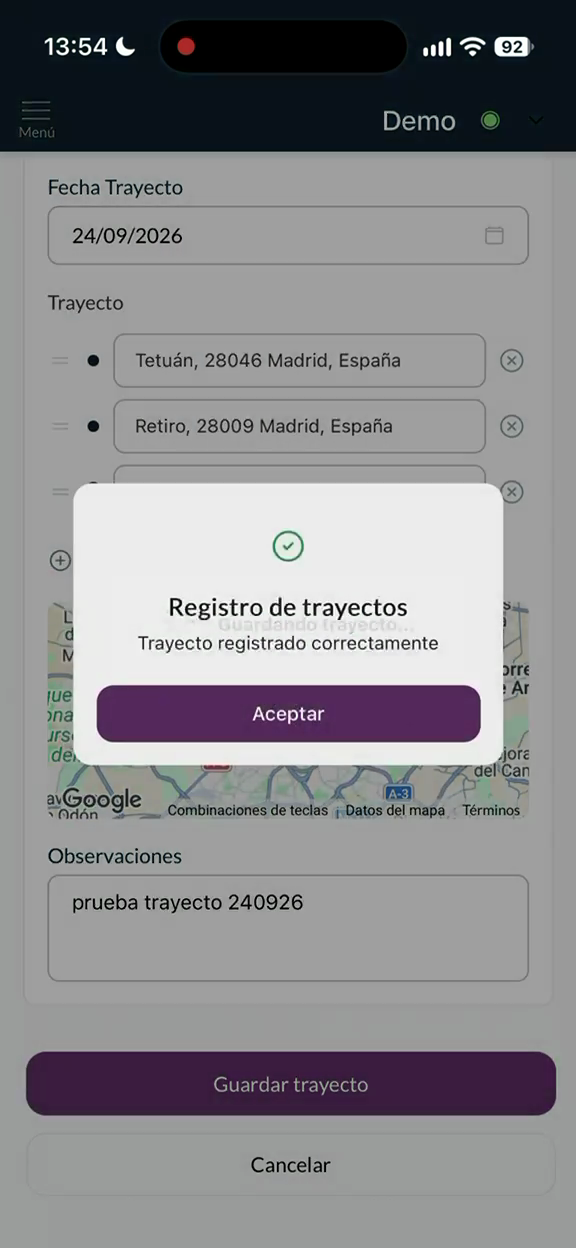 Confirmación de trayecto registrado correctamente