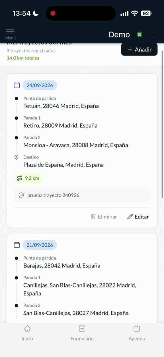 Trayecto actualizado y distancia recalculada