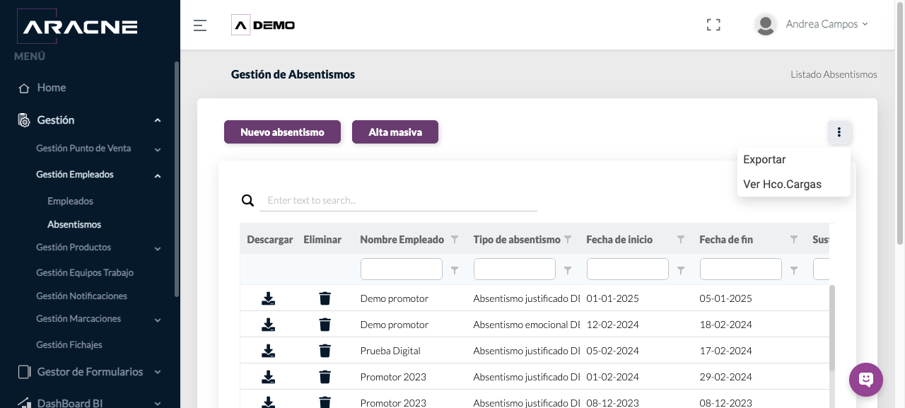 Menú de acciones de Absentismos