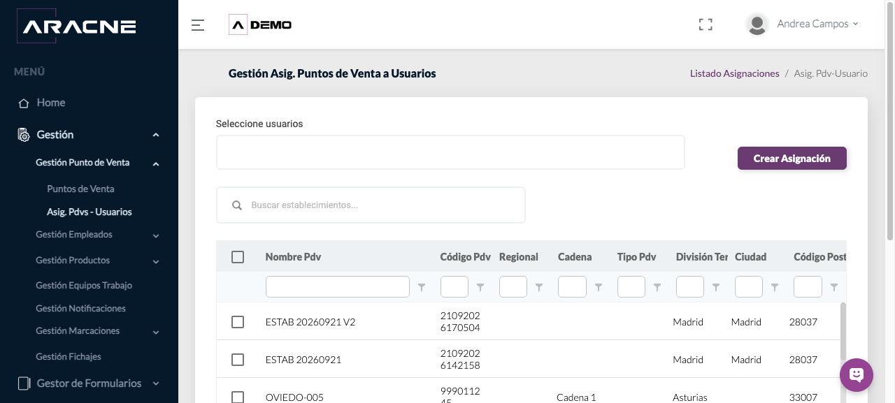 Búsqueda de establecimientos para asignar