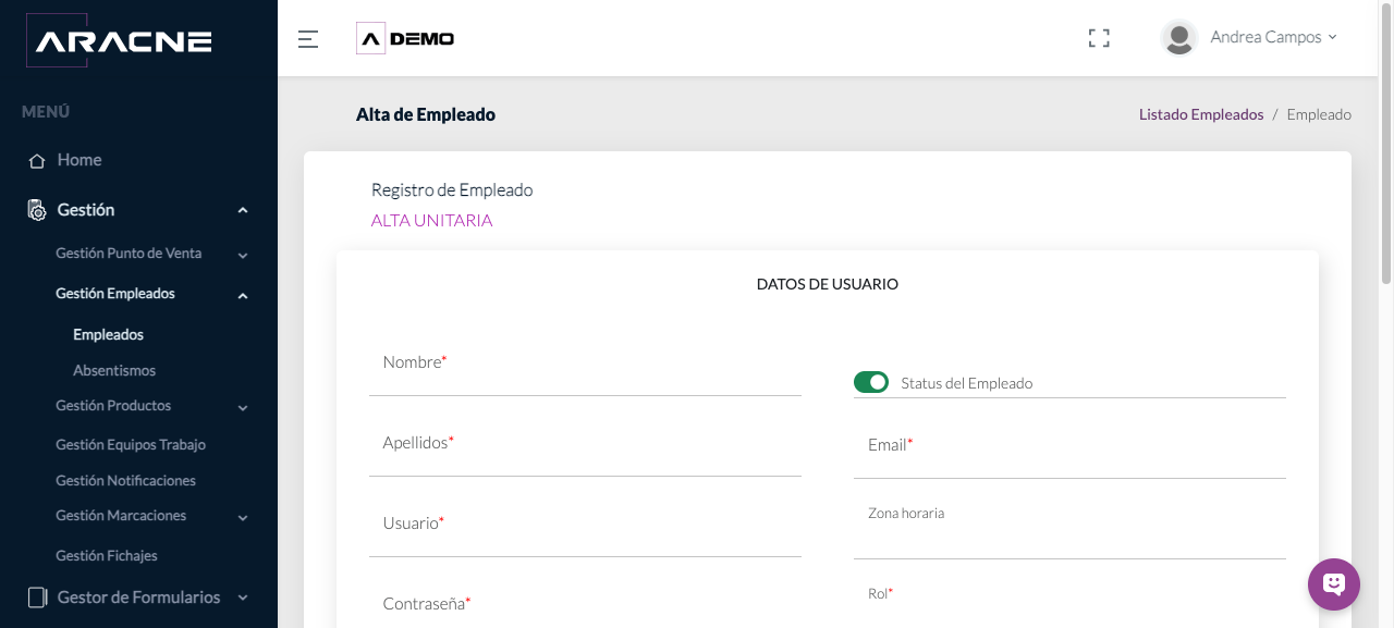 Datos de usuario del alta de empleados