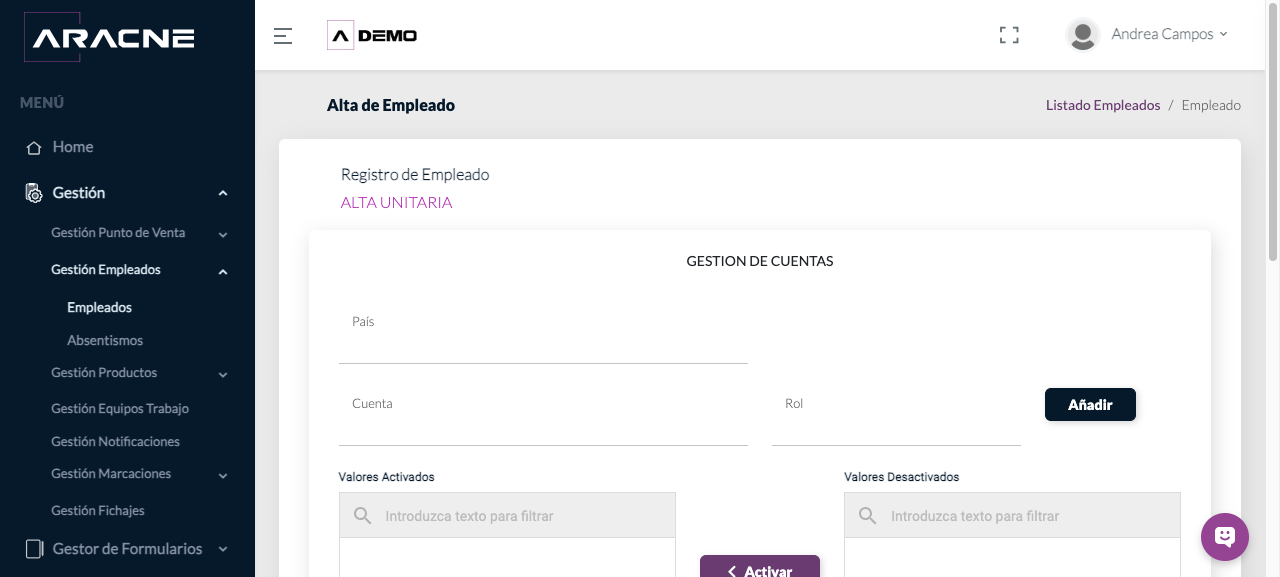 Gestión de cuentas del empleado