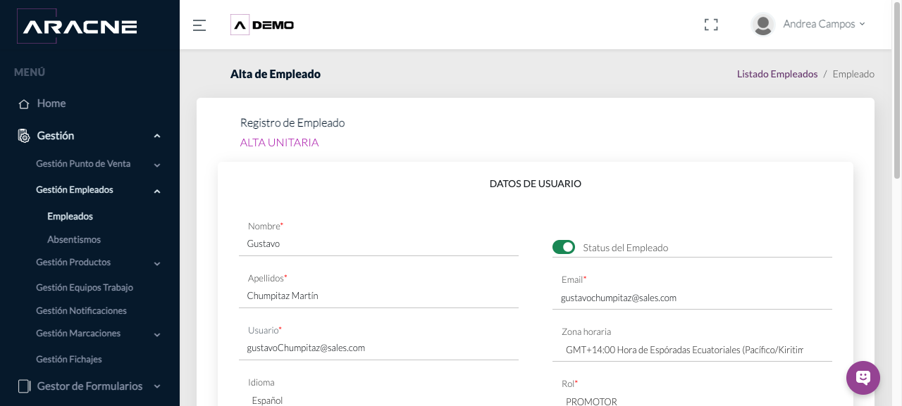 Ficha de edición de un empleado