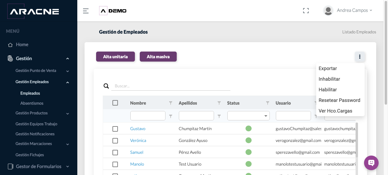Menú de acciones de Empleados