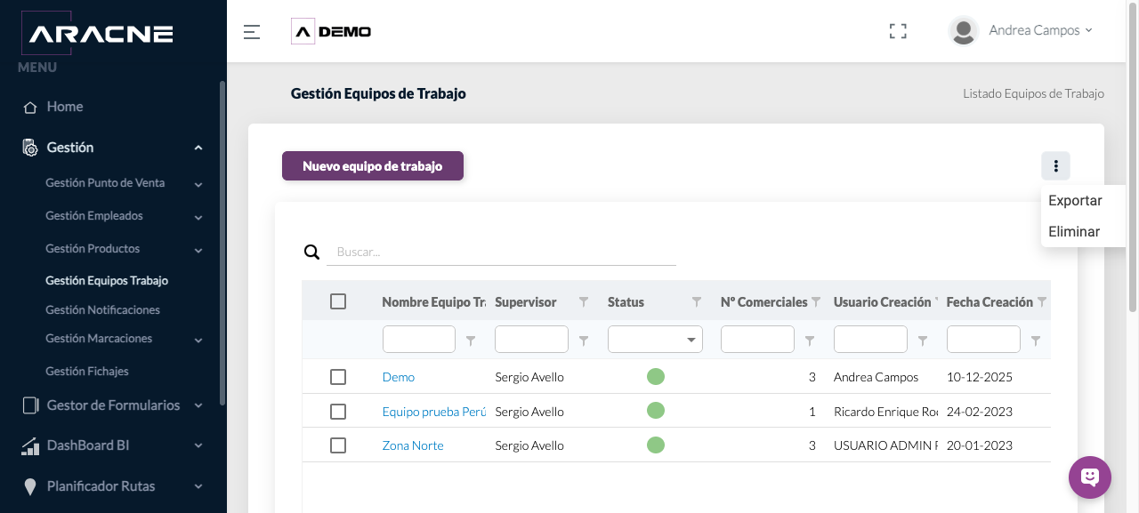 Menú de Equipos de trabajo