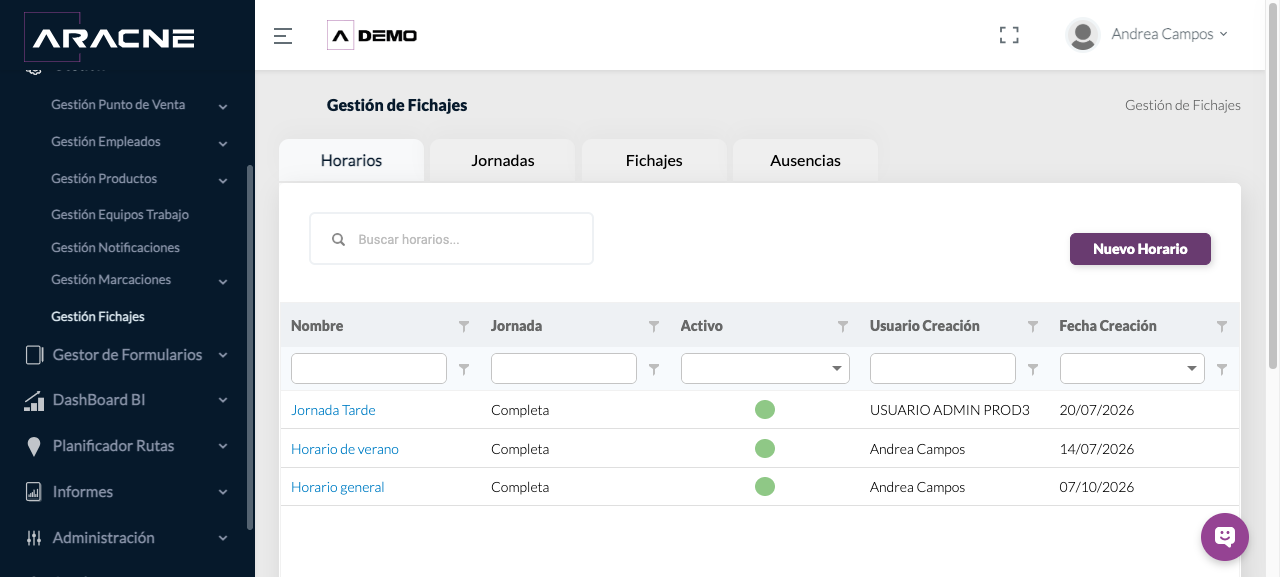 Apartados de Gestión de Fichajes