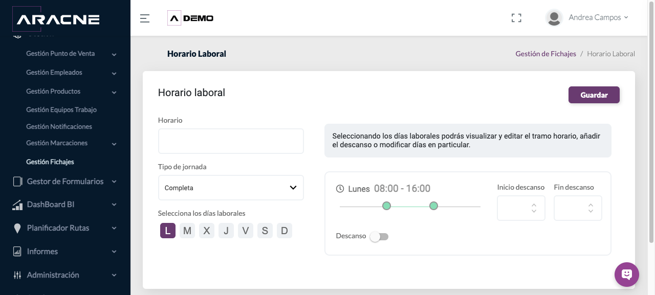 Día laborable y tramo horario