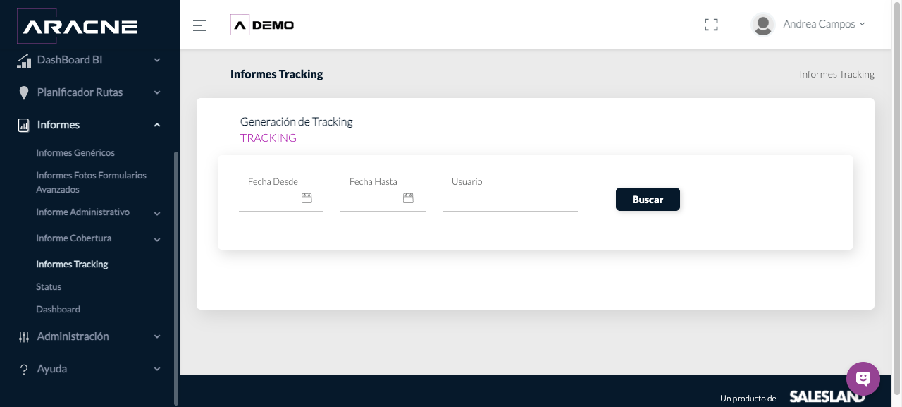 Pantalla de Informes Tracking