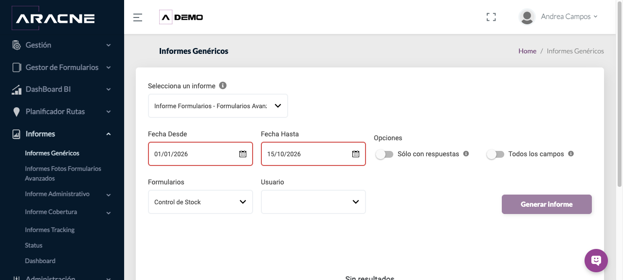 Filtros del informe de Formularios Avanzados