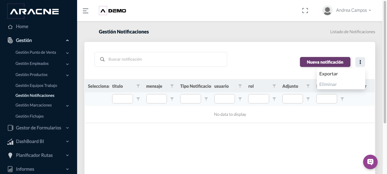 Menú de Notificaciones