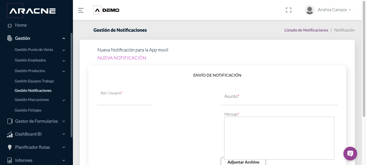Asunto y mensaje de la notificación
