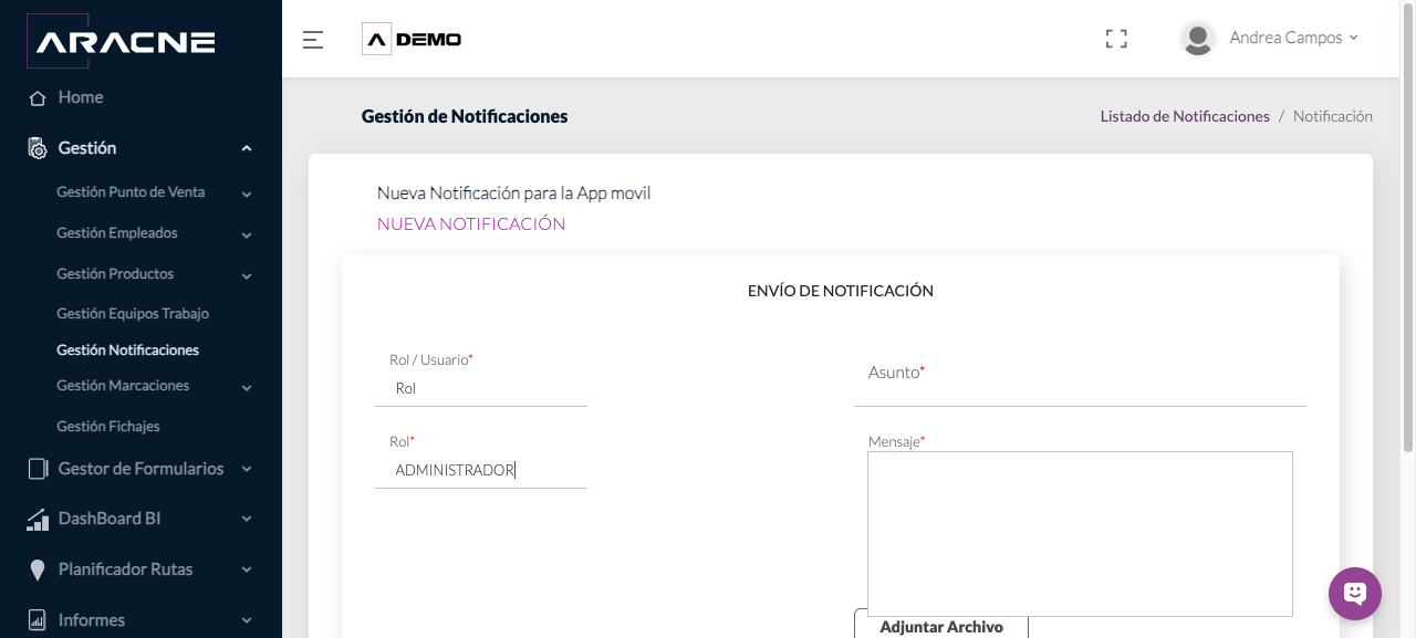 Rol destinatario seleccionado