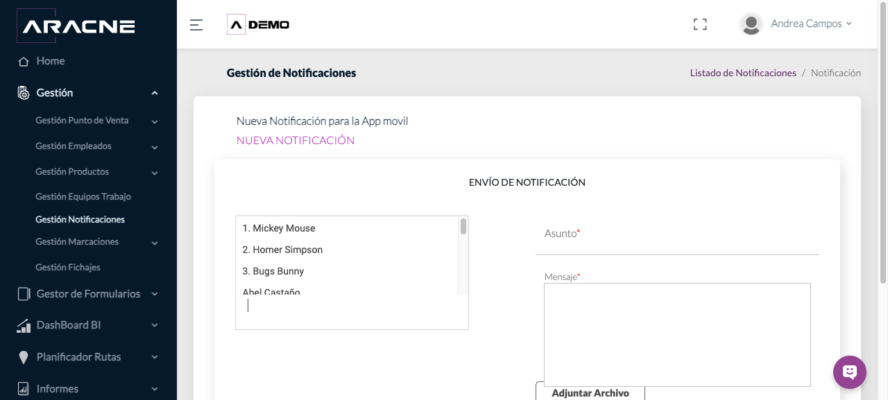 Selector de usuarios destinatarios