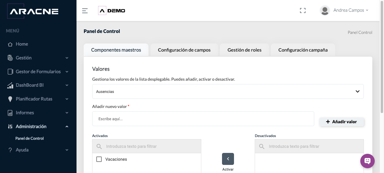 Valores activos e inactivos