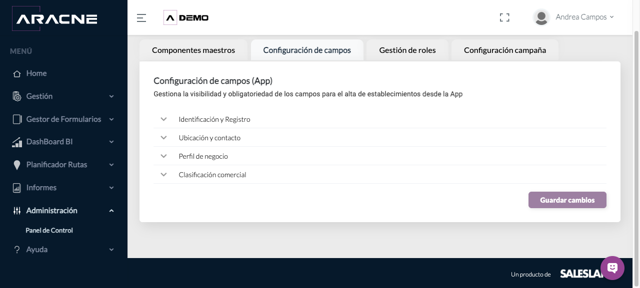 Grupos de campos de la App
