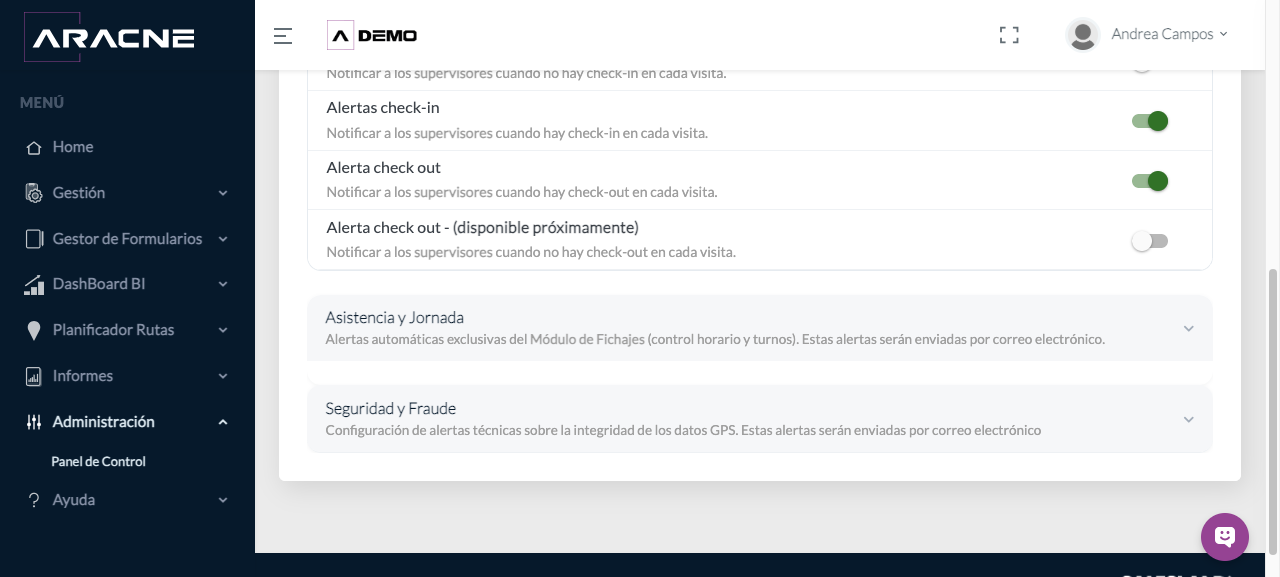 Alertas de rutas y visitas