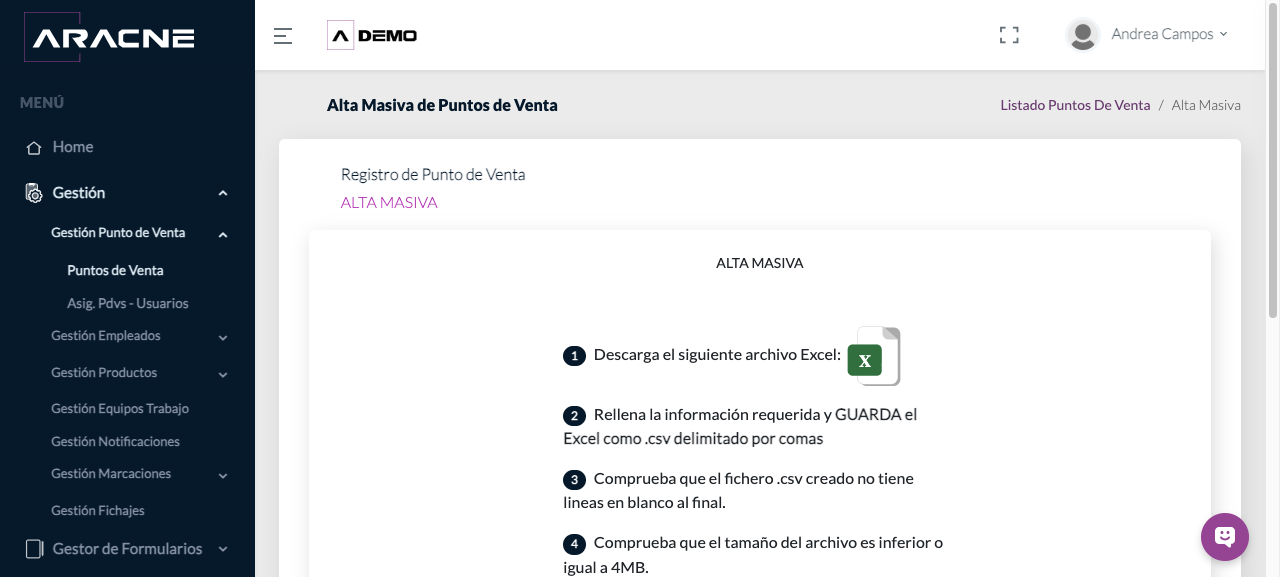 Plantilla de carga masiva de PDV