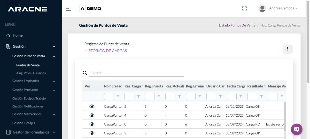 Histórico de cargas de PDV