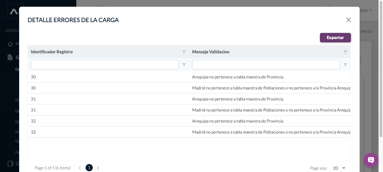 Detalle de errores de carga de PDV