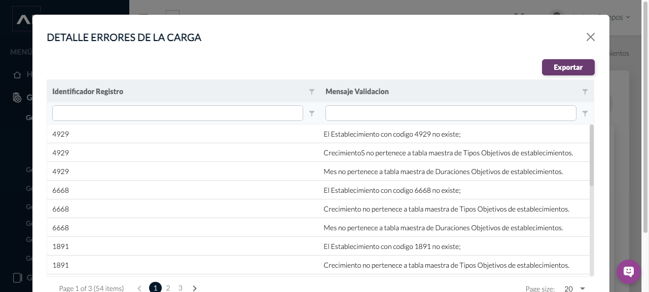 Detalle de errores de objetivos