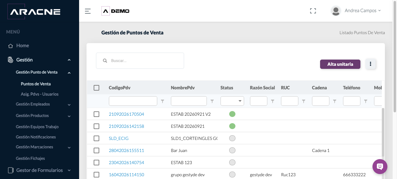 Listado y filtros de Puntos de Venta