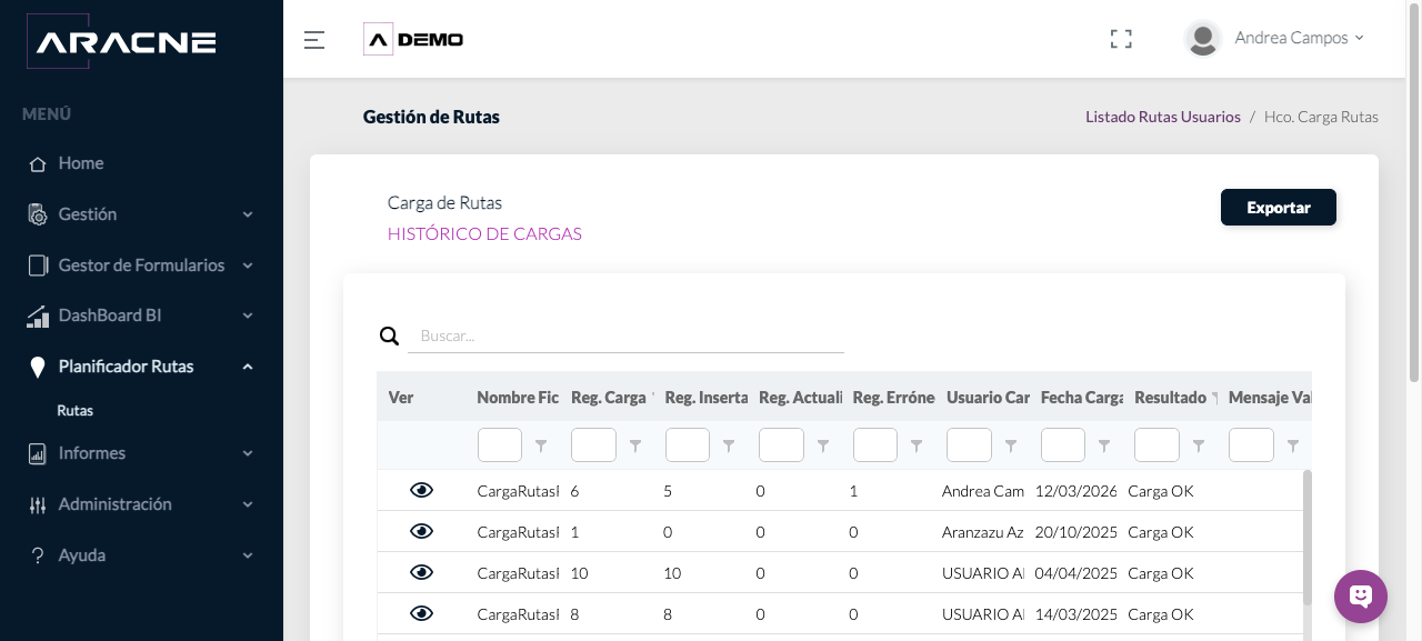 Histórico de cargas de Rutas