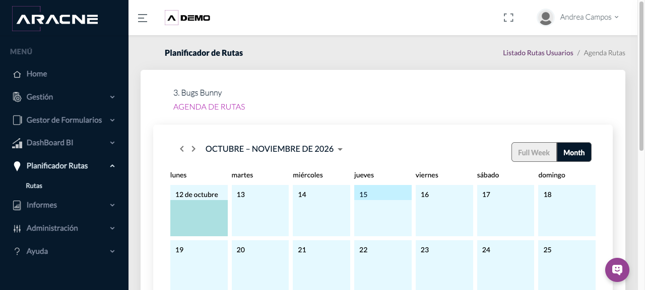 Agenda mensual de rutas