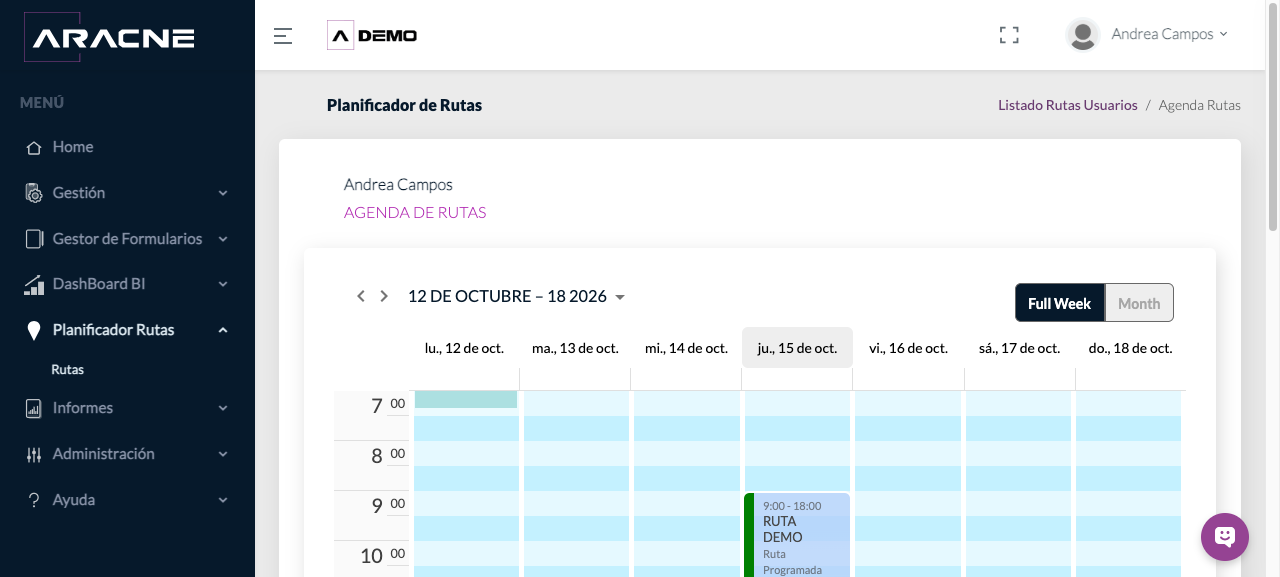 Ruta programada en la agenda